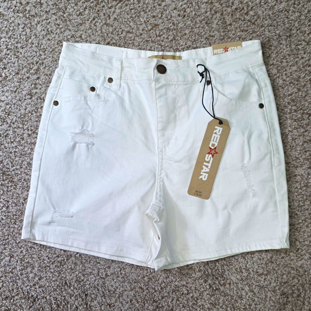 Red Star Women's White Denim Distressed Shorts Mid Rise Zip Sz 4 27" NWT